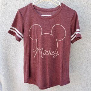 Disney Mickey Tee Shirt Maroon Red White Stripe